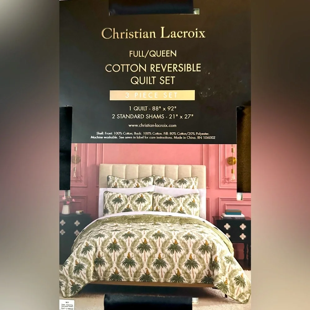 3pc CHRISTIAN LACROIX PalmLeopard Print Cotton Reversible Quilt Set - Green